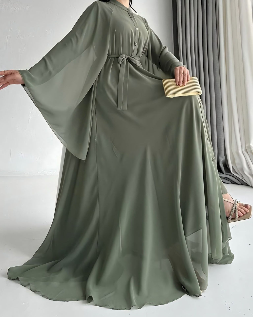Green Belted Chiffon Maxi Dress