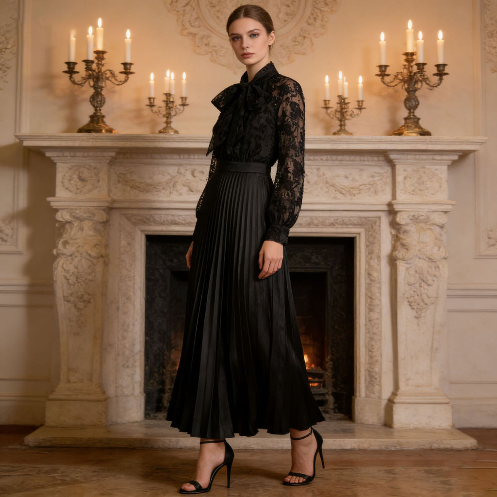 Tie-Neck High-Waist Pleated Maxi Dress