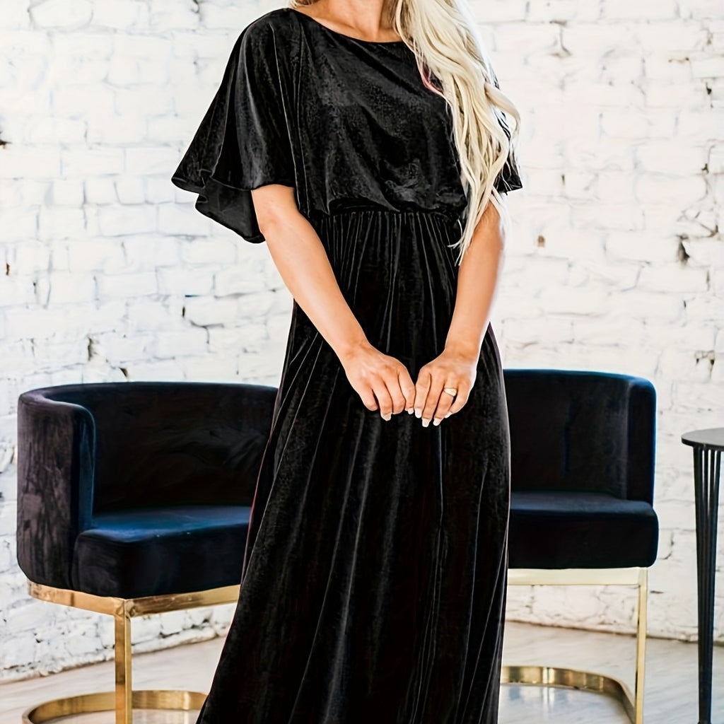 Velvet Round-Neck 3D-Detail Maxi Dress for Women, Short Sleeve