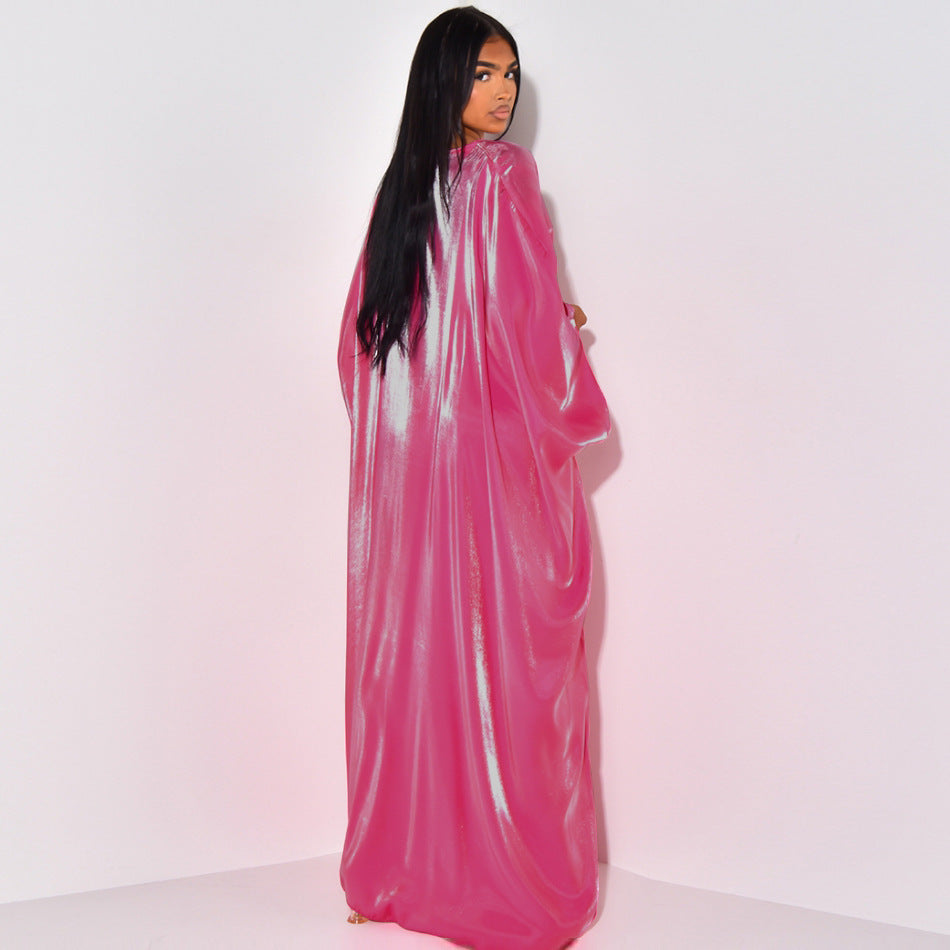 Shiny Satin Belted Maxi Dress