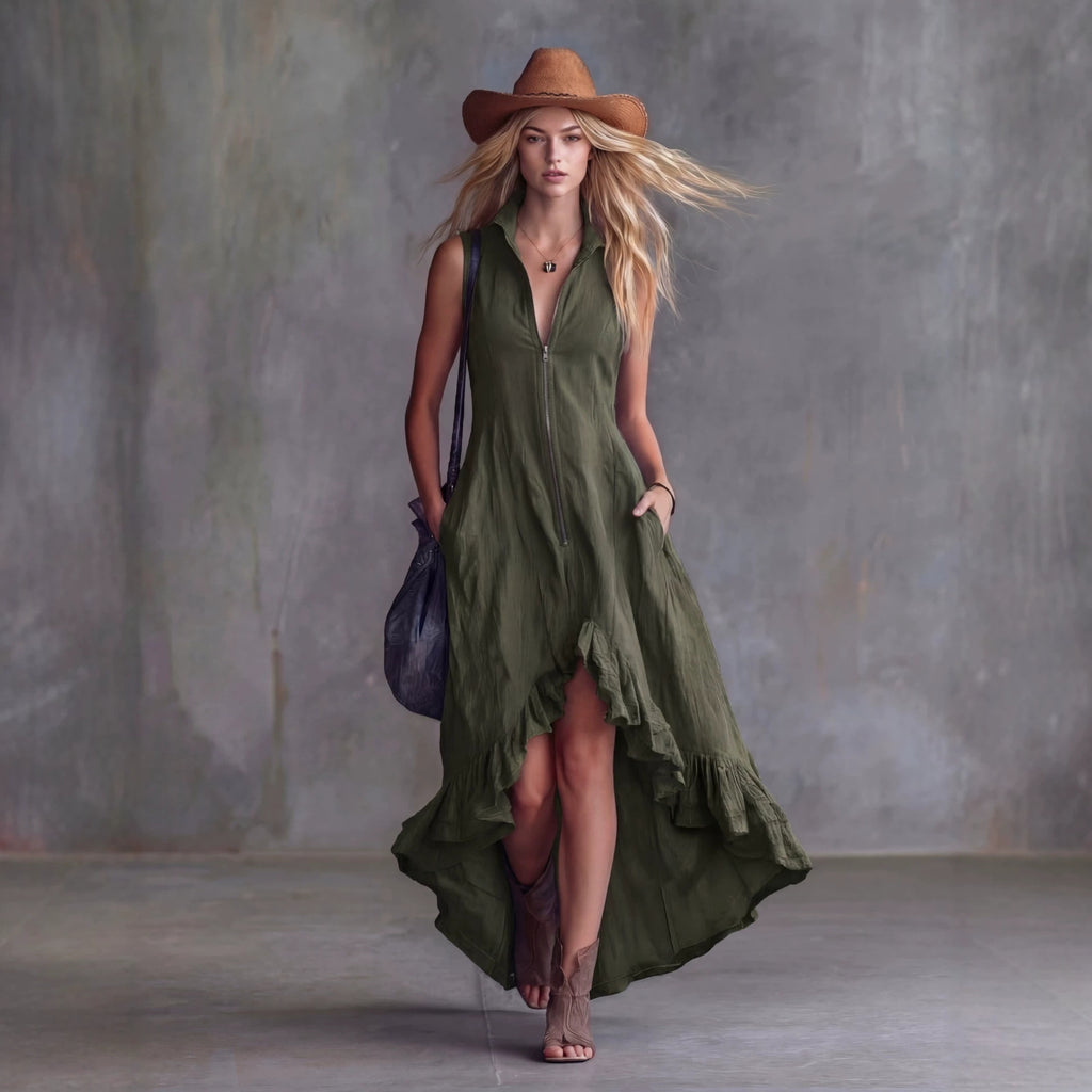 Zip-Front A-Line Maxi Dress, Ruffle Hem