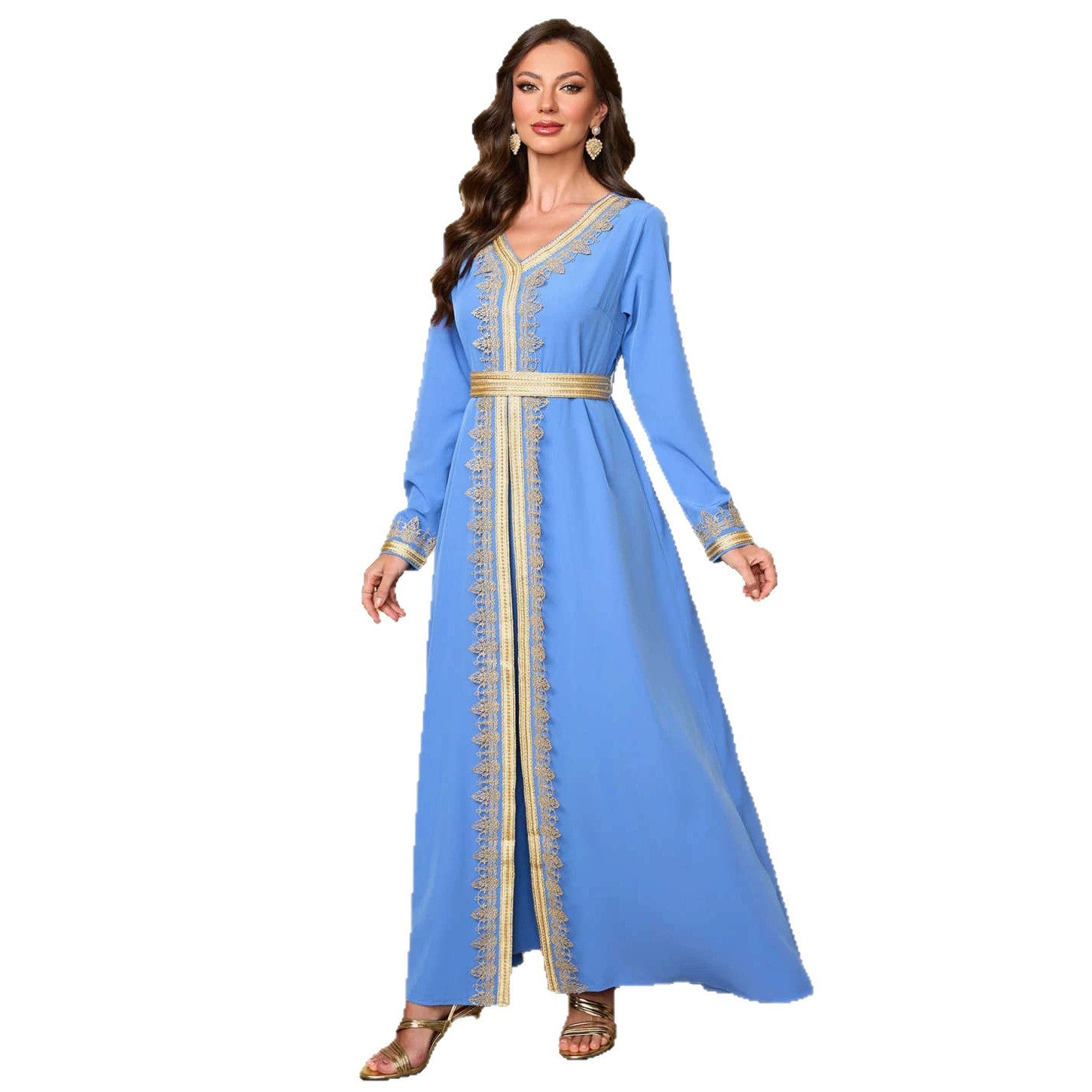 Long-Sleeve Simple Maxi Dress, Tie Waist Main image