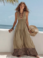 Bohemian Leopard Print V-Neck Maxi Dress for Women, Sleeveless