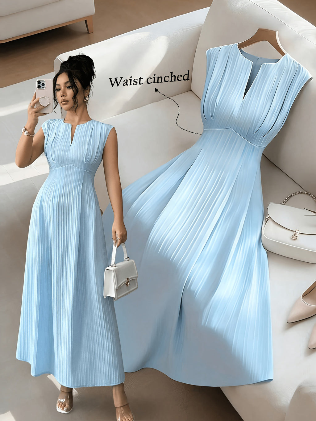 Pleated V-Neck Maxi Dress