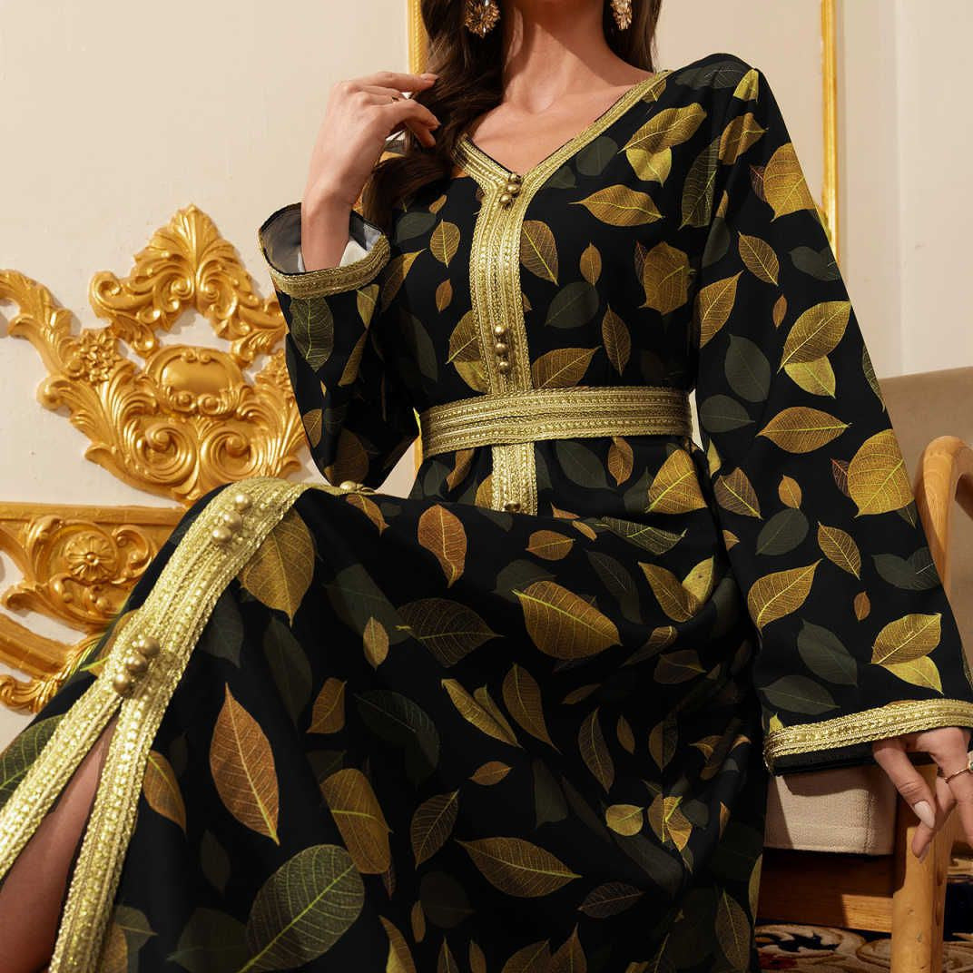 Printed V-Neck Maxi Dress, Long Sleeve
