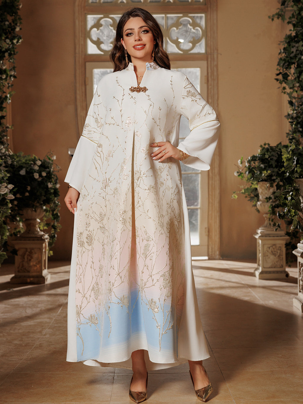Embroidered Lace-Up Maxi Dress