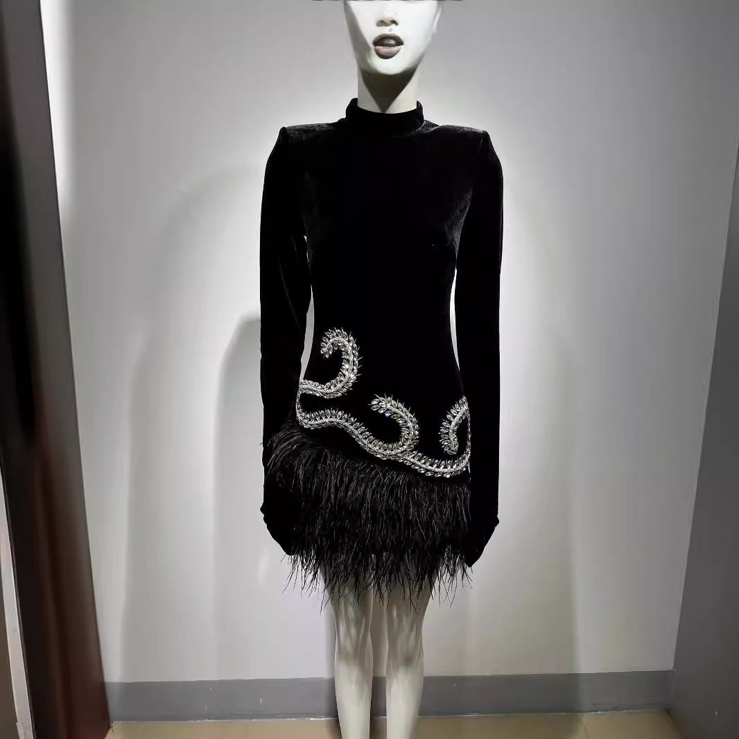 Rhinestone Feather-Hem Shoulder-Padded Mini Dress in Black Main image