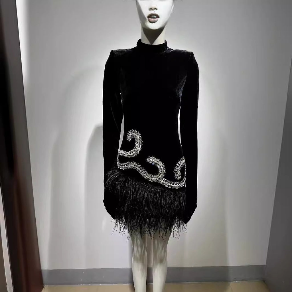 Rhinestone Feather-Hem Shoulder-Padded Mini Dress in Black