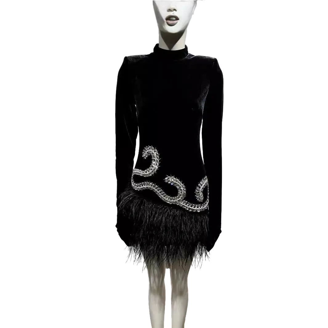 black rhinestone A line dress for women in a flattering fit
