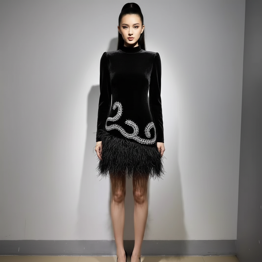 black rhinestone A line dress styled for cocktail wear