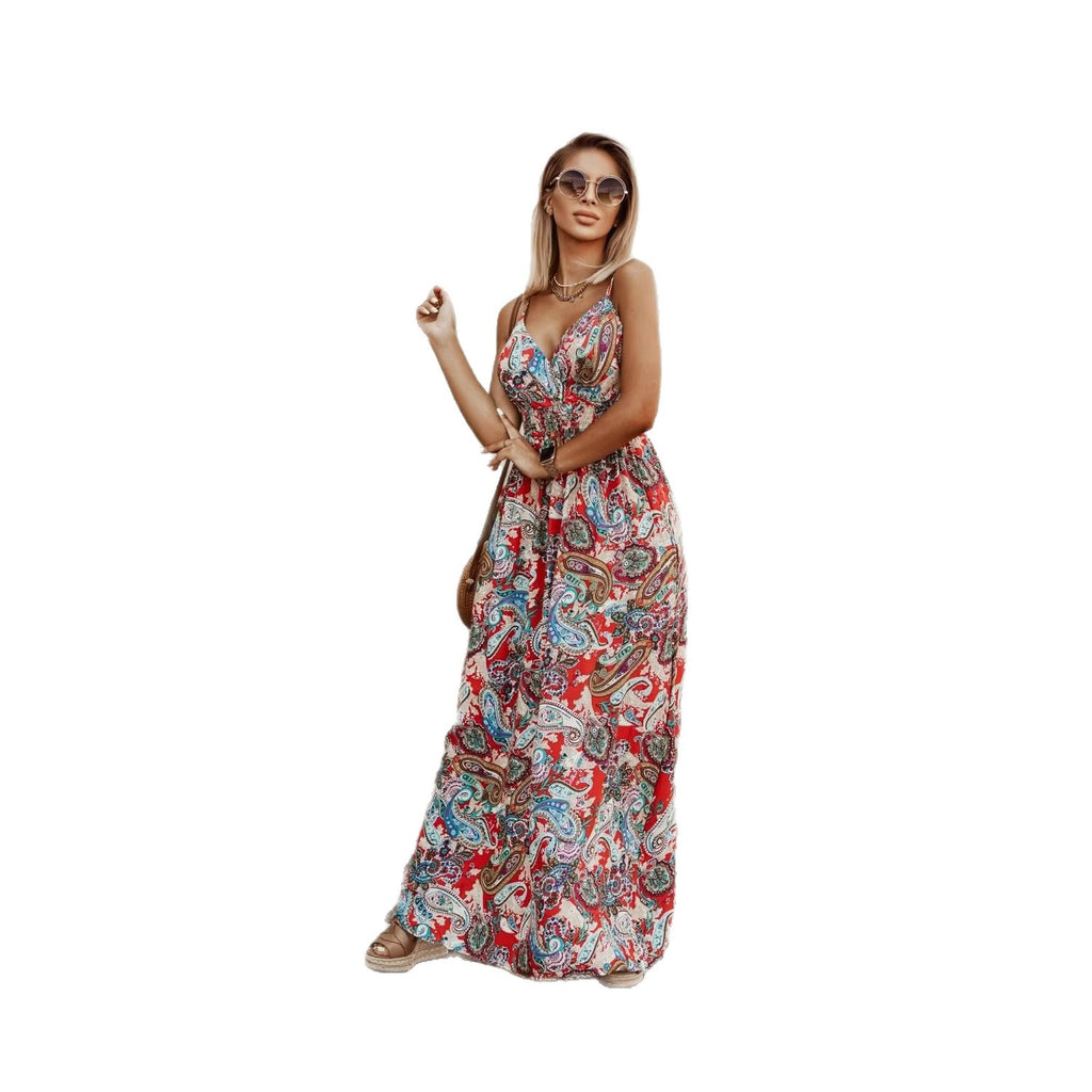 Printed V-Neck Maxi Dress, Sleeveless