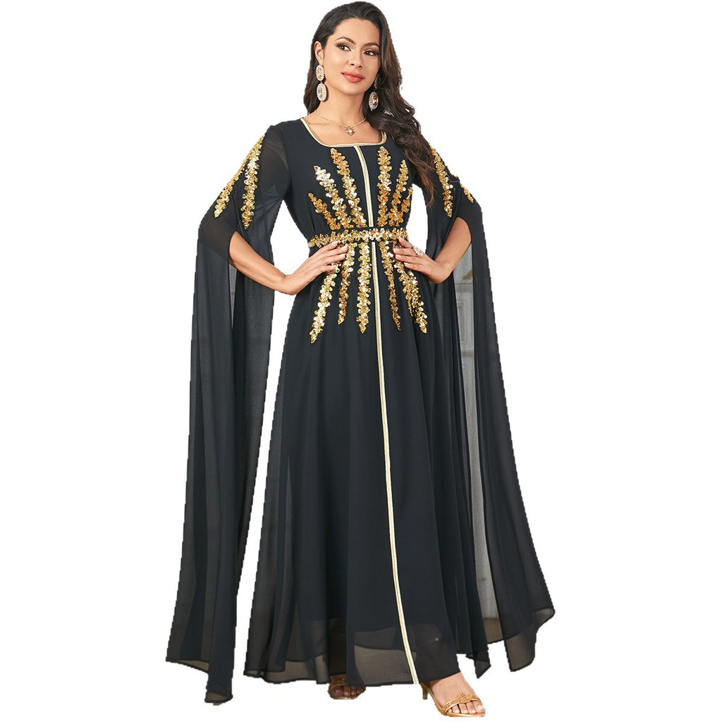 Beaded Flared-Sleeve Evening Maxi Dress