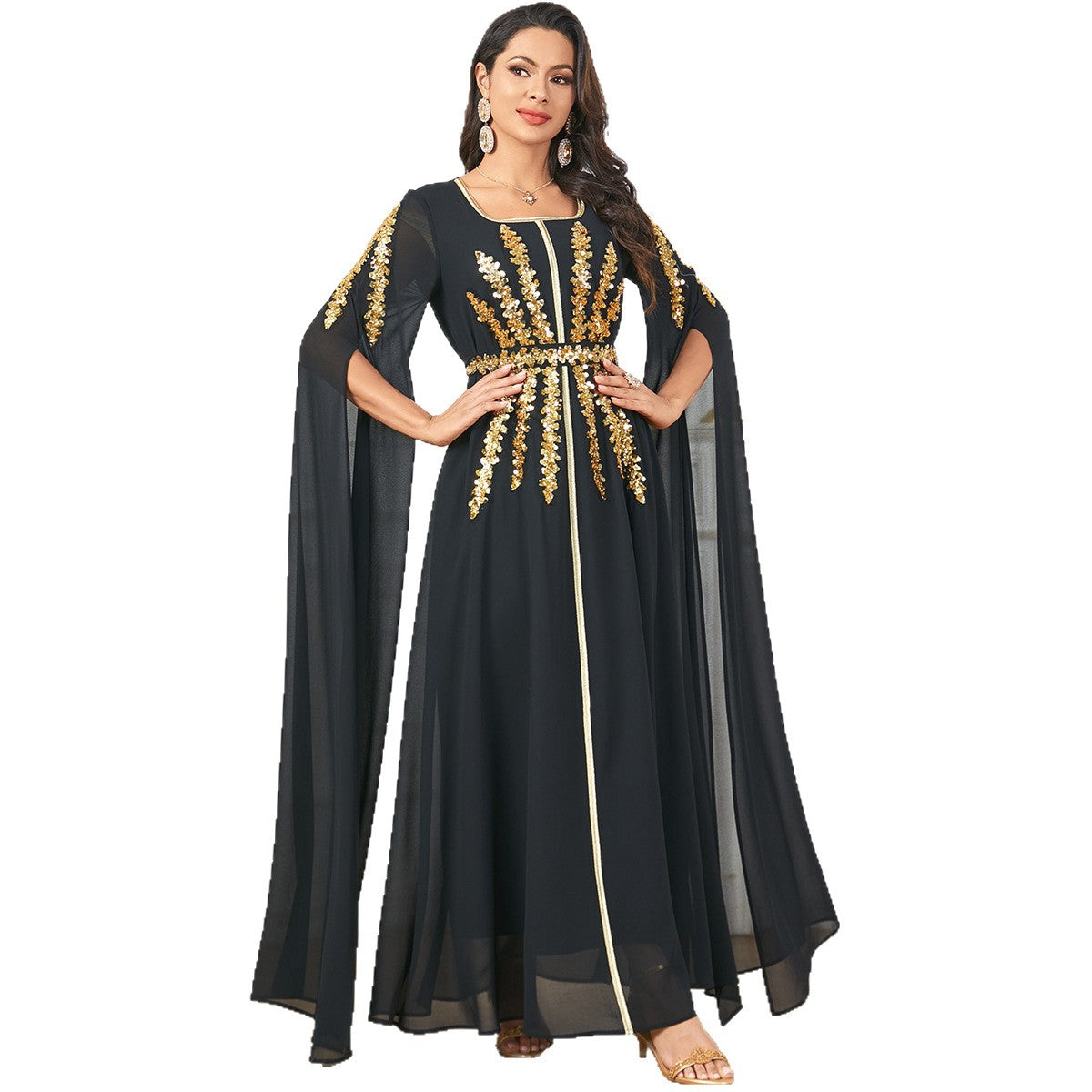 Beaded Flared-Sleeve Evening Maxi Dress