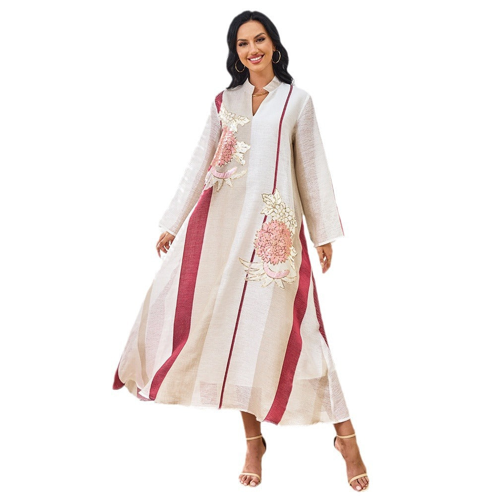 Embroidered Sequin Long-Sleeve Maxi Dress