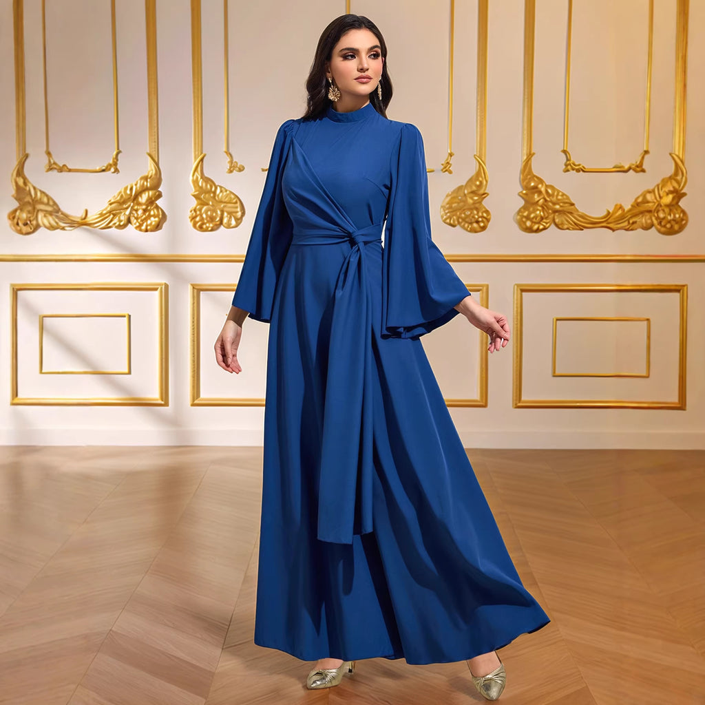 Cyan Blue Waist-Cinching Stretch Maxi Dress