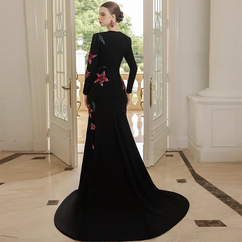 Long Sleeve Embellished Stand-Collar Gown with Train Detail