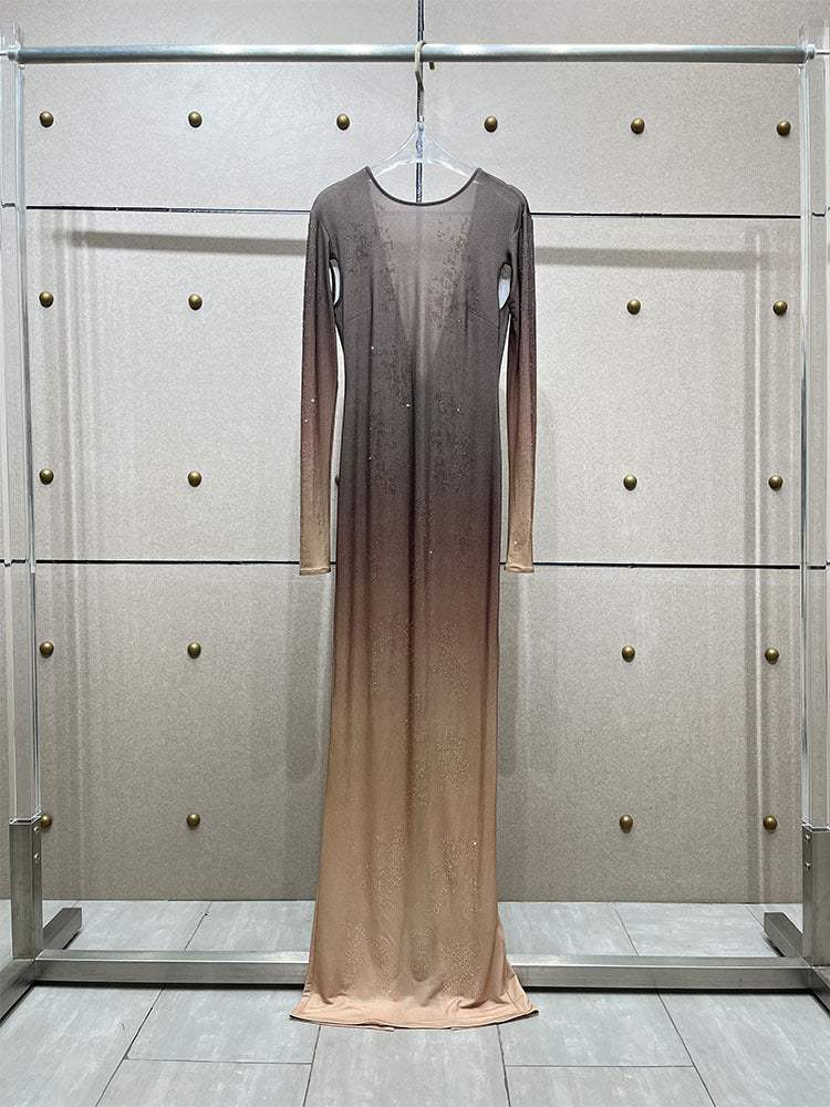 Gradient Rhinestone Long Sleeve Bodycon Gown in Brown