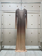 Gradient Rhinestone Long Sleeve Bodycon Gown in Brown