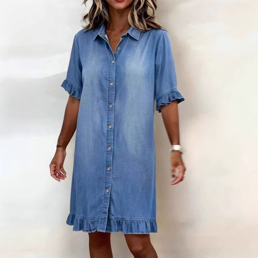 Loose Short-Sleeve Shirt Dress for Women, Shirt Collar