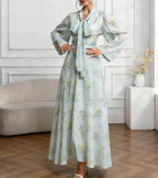 Elegant Floral Long-Sleeve Maxi Dress with Tie Waist for Women