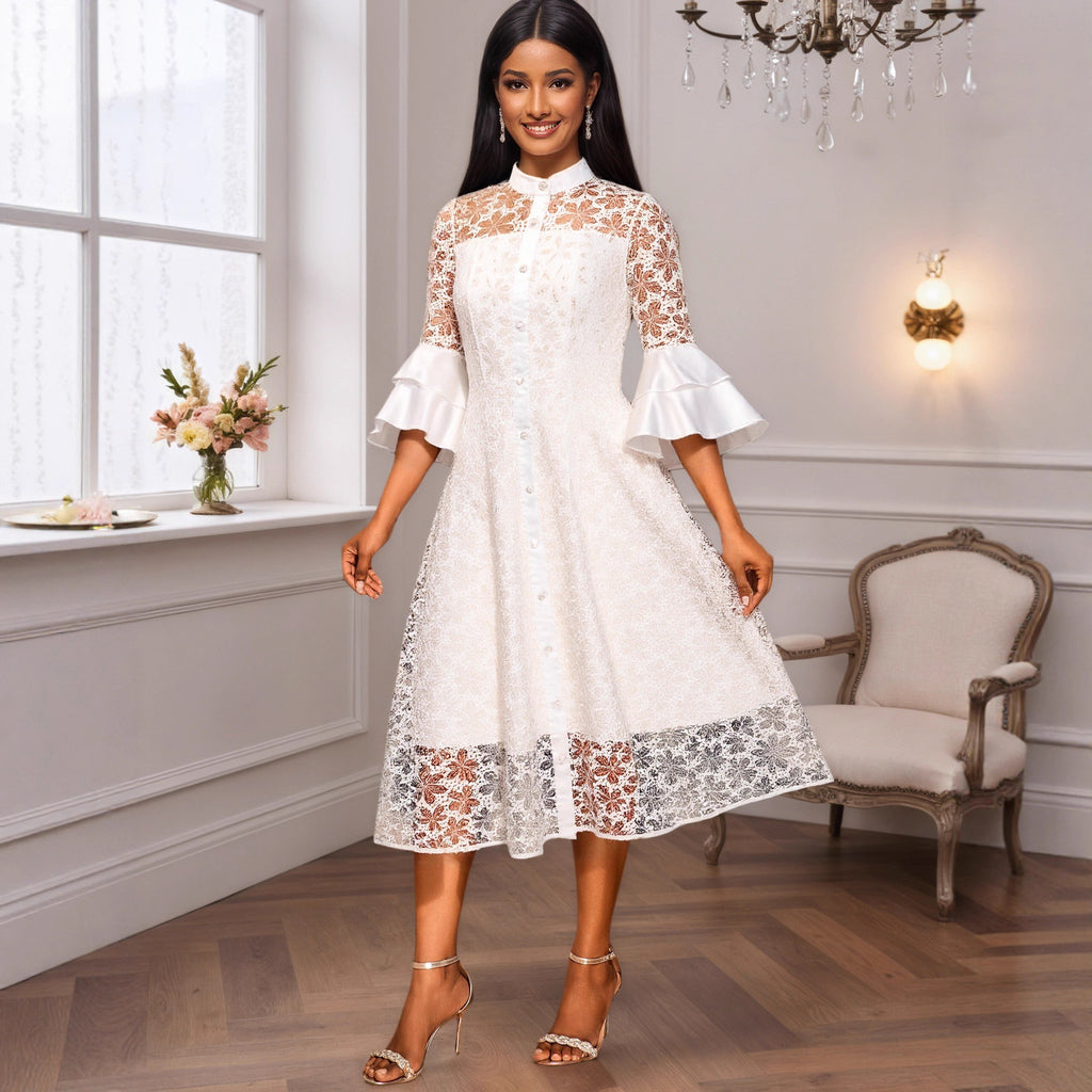 Lace stand up collar single breasted see through A-list mid length skirt