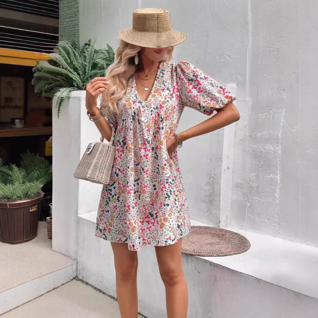 Floral Puff-Sleeve Pleated Midi Dress Main image