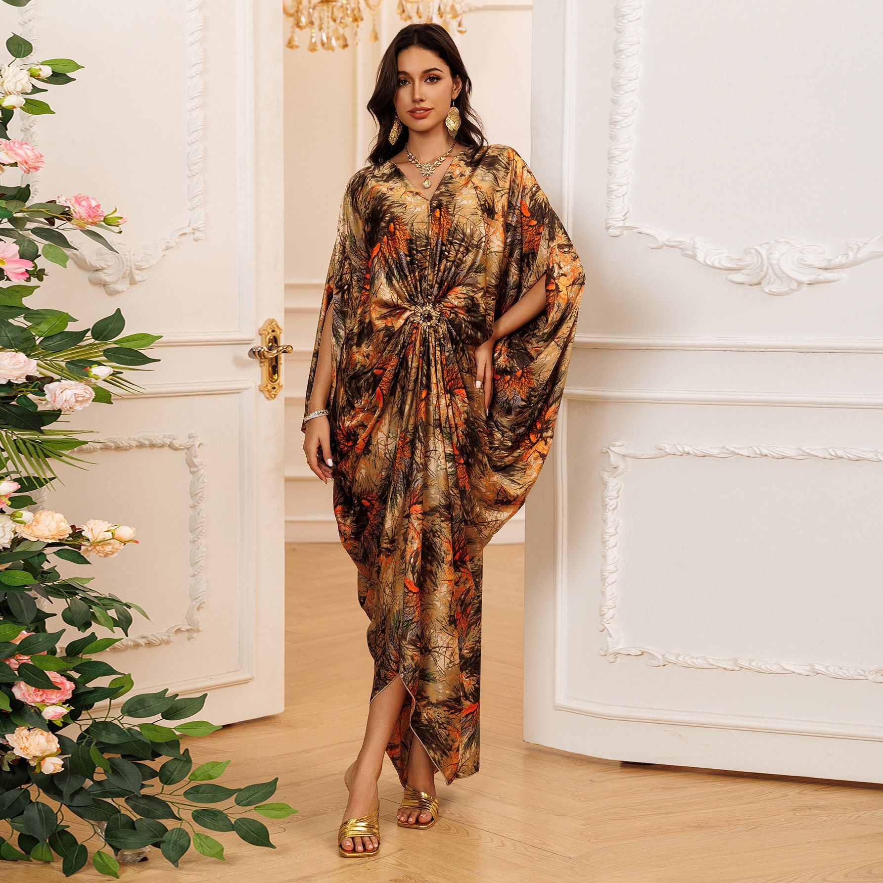 Printed Crew-Neck Maxi Dress