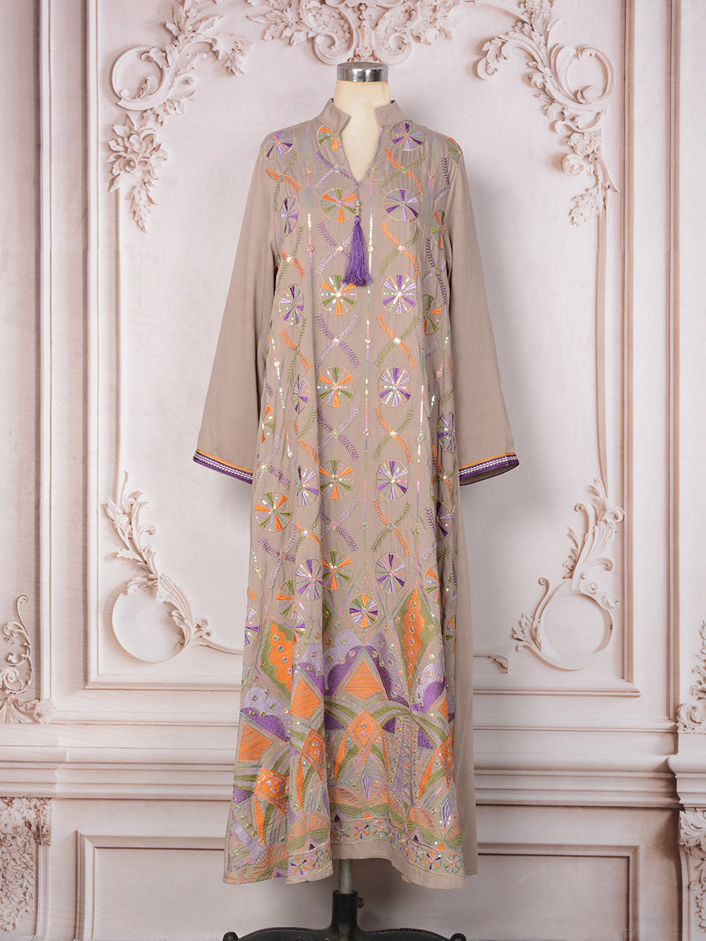 V-Neck Tassel Long-Sleeve Maxi Dress