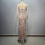 Boned Strapless Floral Mesh Bodycon Gown in Apricot