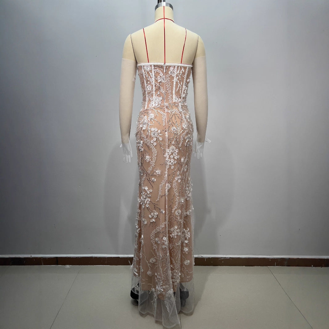 Boned Strapless Floral Mesh Bodycon Gown in Apricot