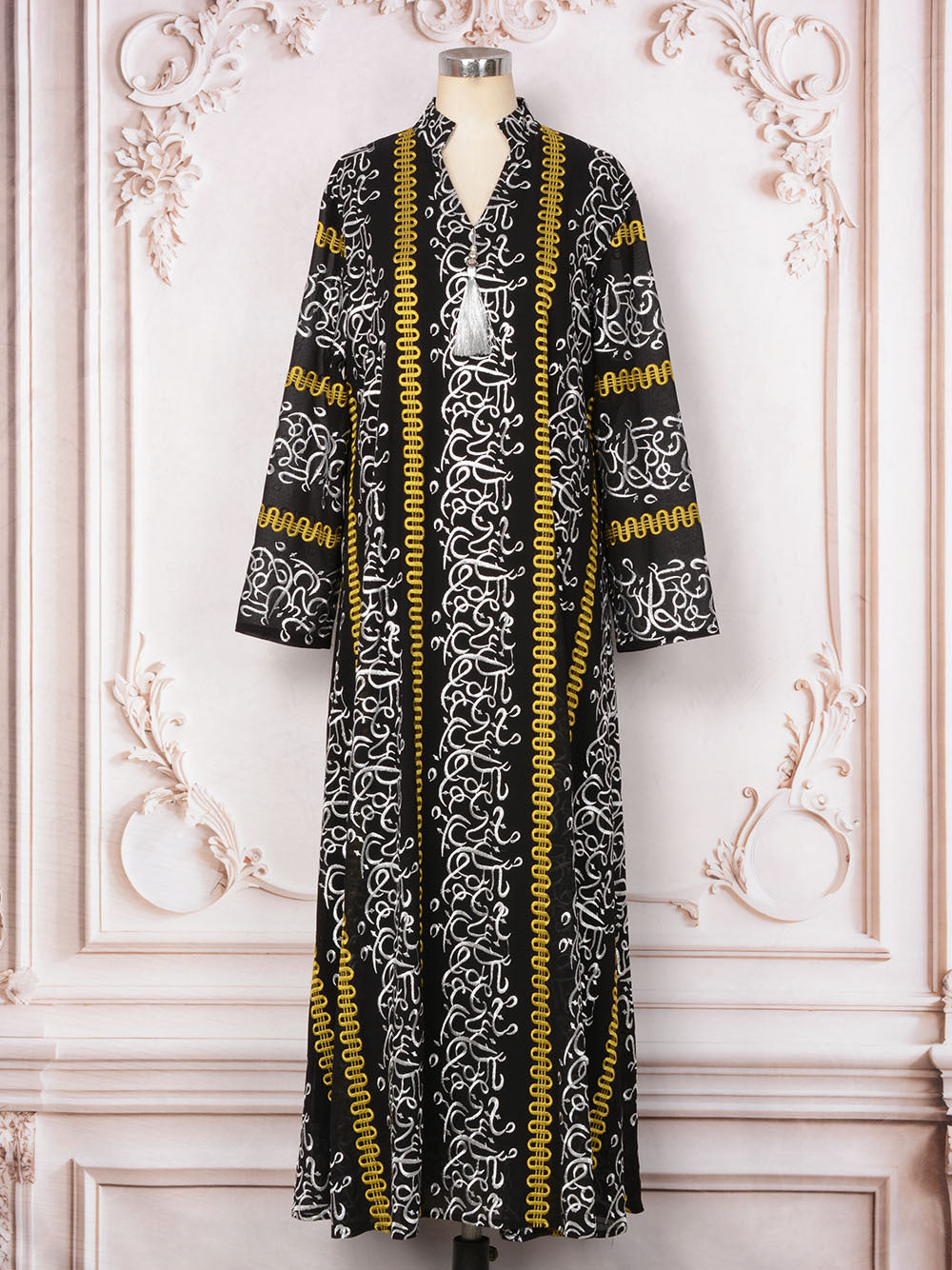 Embroidered Tassel Long-Sleeve Maxi Dress