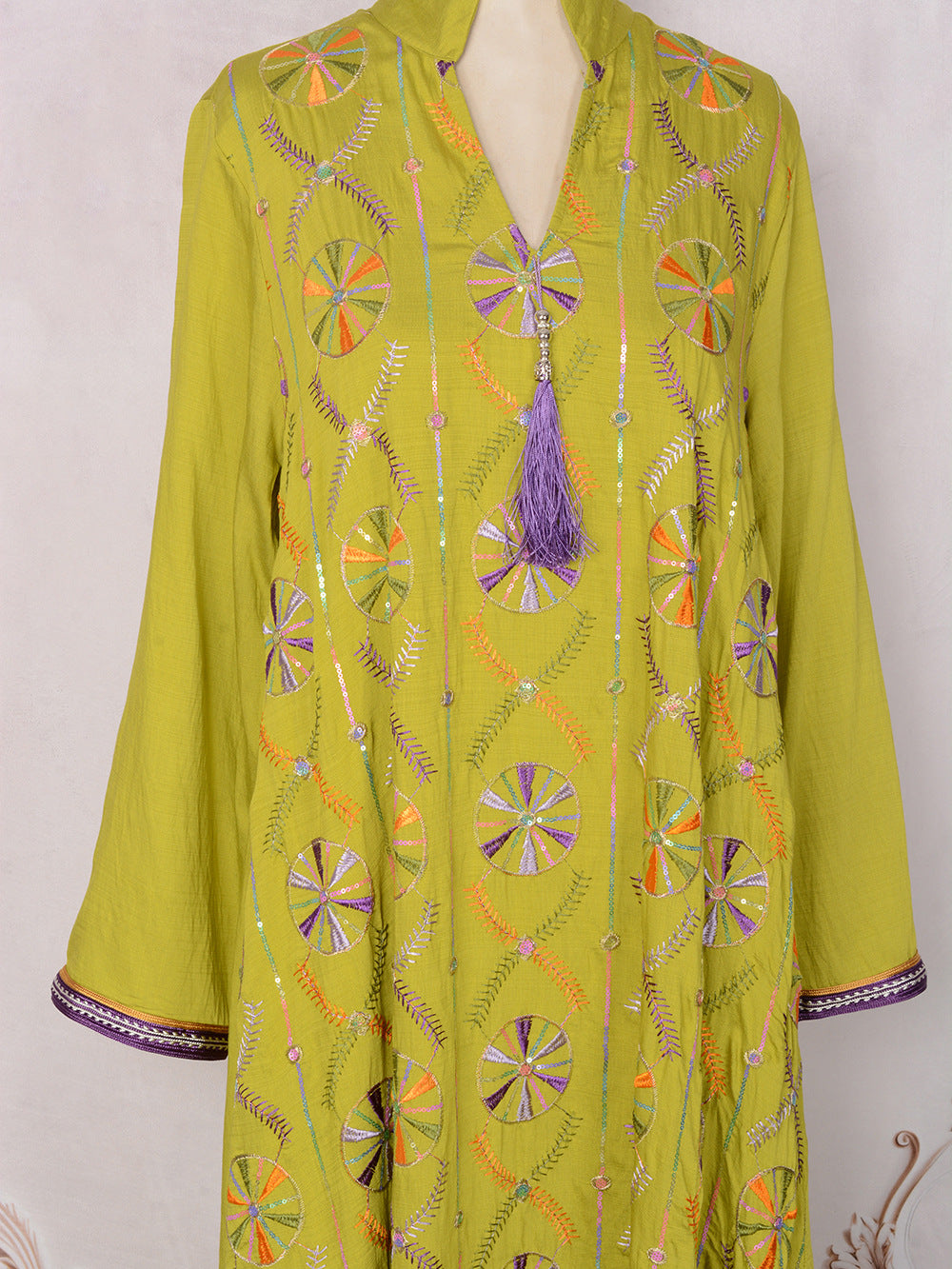 V-Neck Tassel Long-Sleeve Maxi Dress