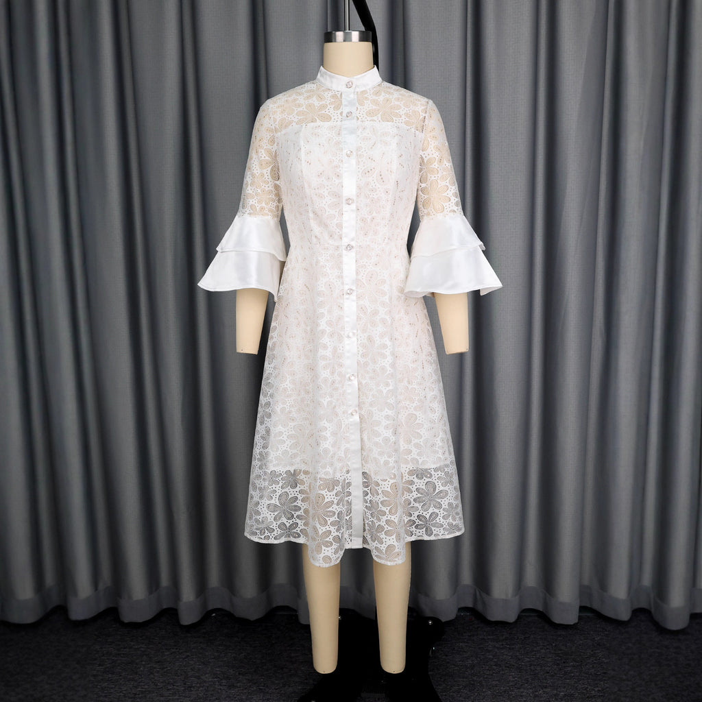Lace stand up collar single breasted see through A-list mid length skirt