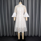 Lace stand up collar single breasted see through A-list mid length skirt