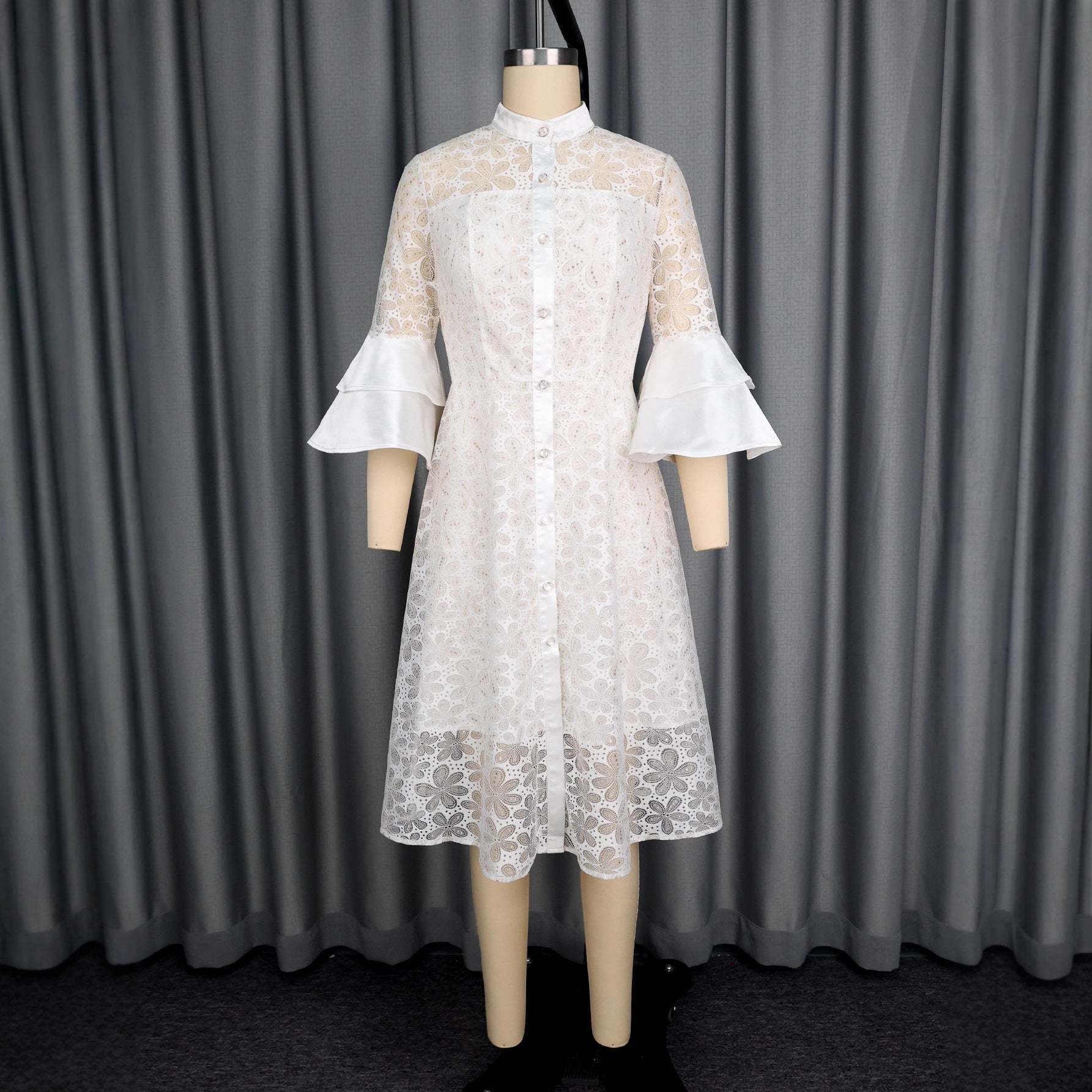 Lace stand up collar single breasted see through A-list mid length skirt