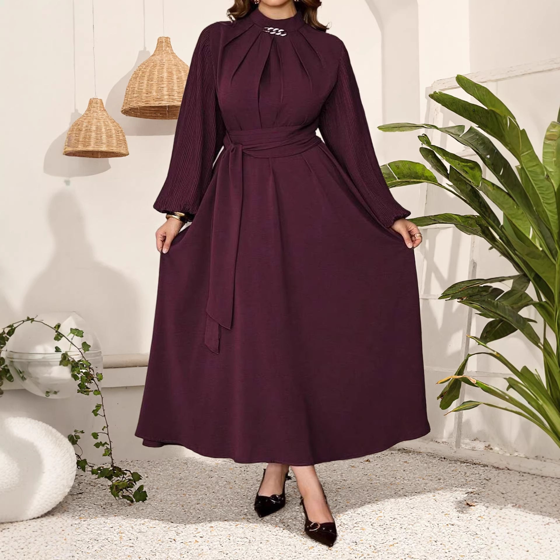 Pleated-Sleeve Fitted Maxi Dress Main image