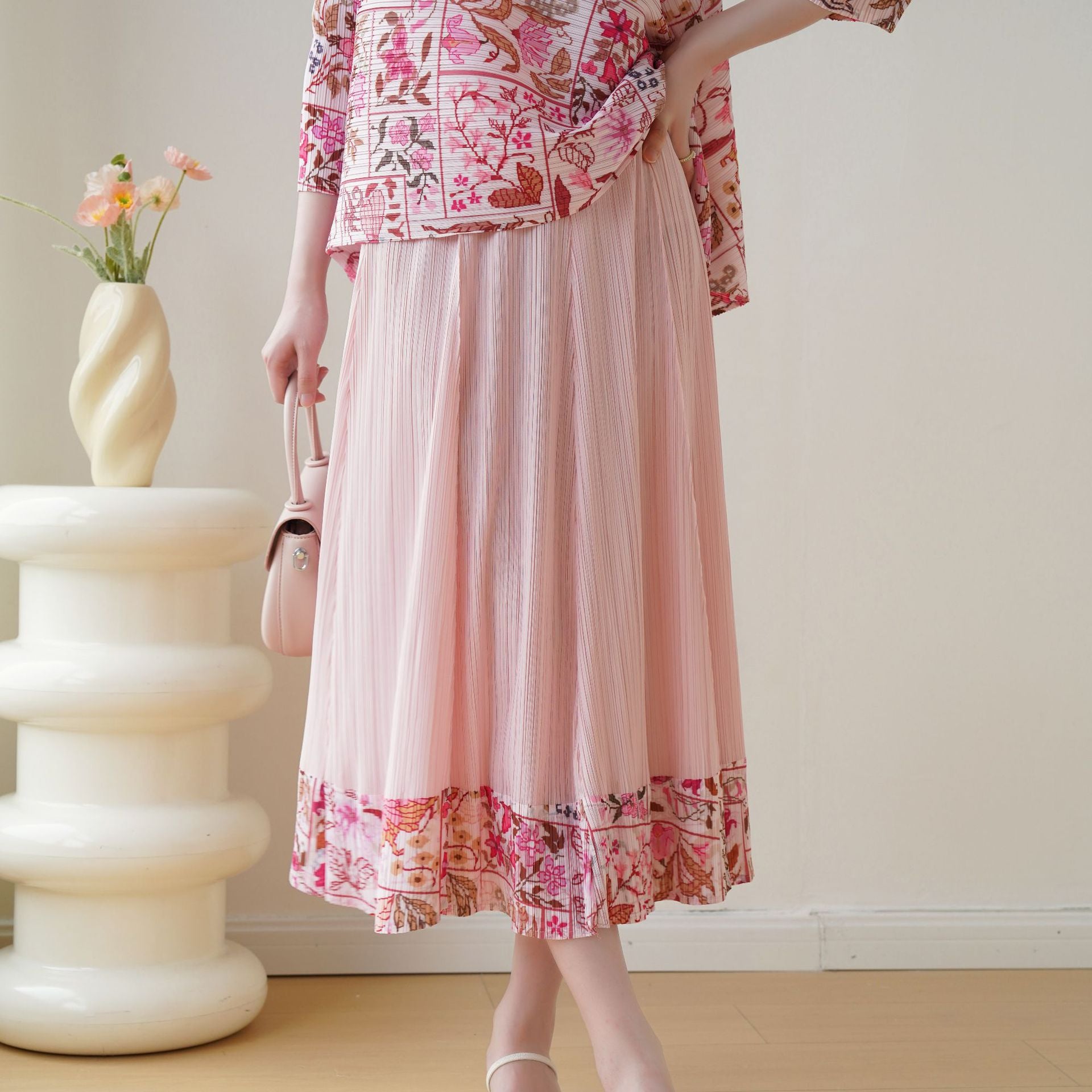 Floral Pleated A-Line Midi Skirt for Women, One Size