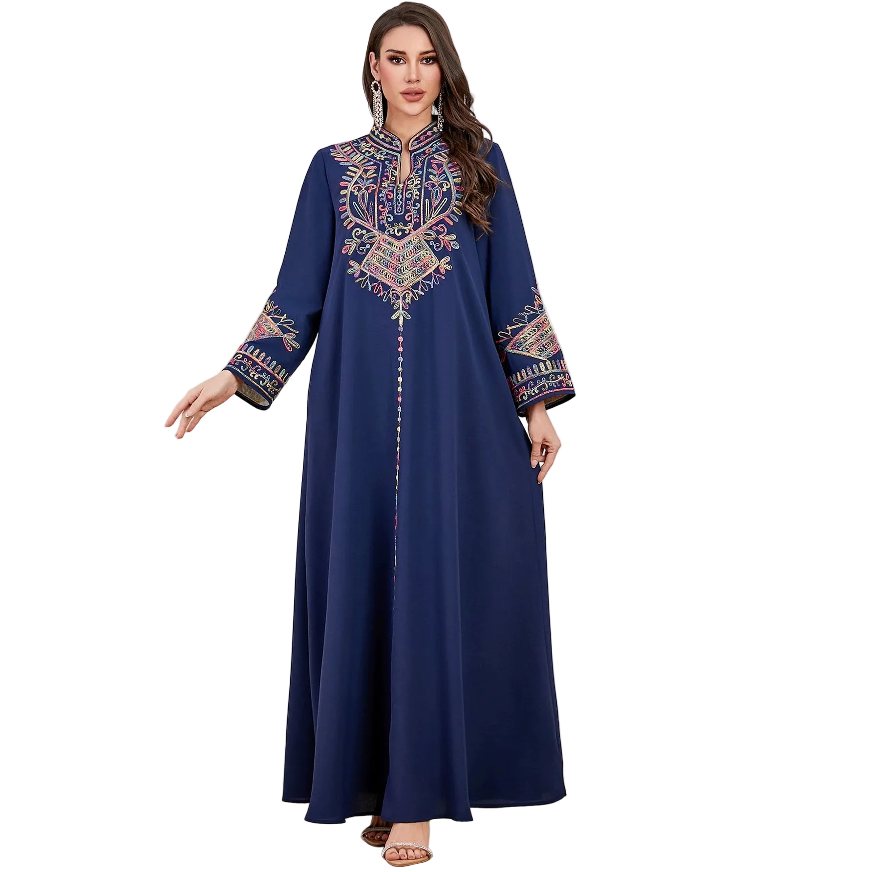 Navy Rope-Embroidered Robe Dress for women with long sleeves Immagine principale del prodotto