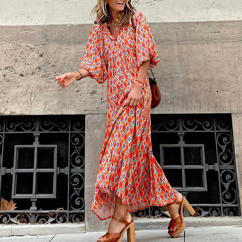 Bohemian Print Long Sleeve Flowy Maxi Dress for Women