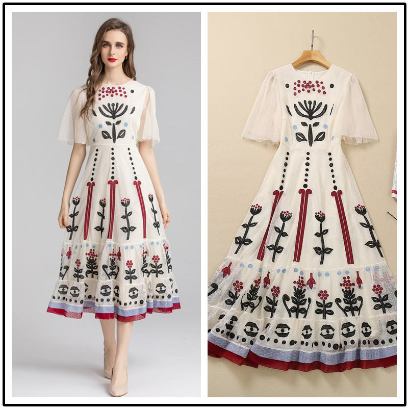 Embroidered Mesh High-Waist Midi Dress for Women