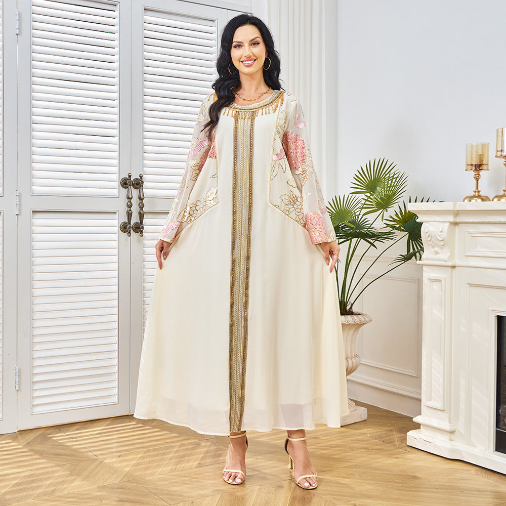 Embroidered Apricot Long-Sleeve Maxi Dress