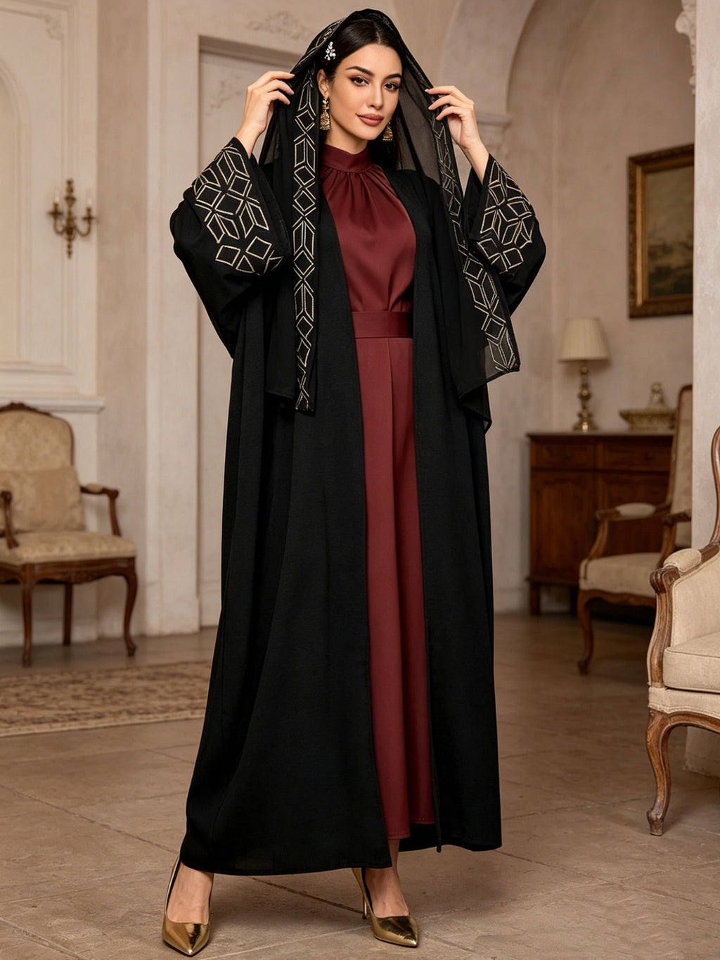 Black Embroidered Robe Dress with Headscarf
