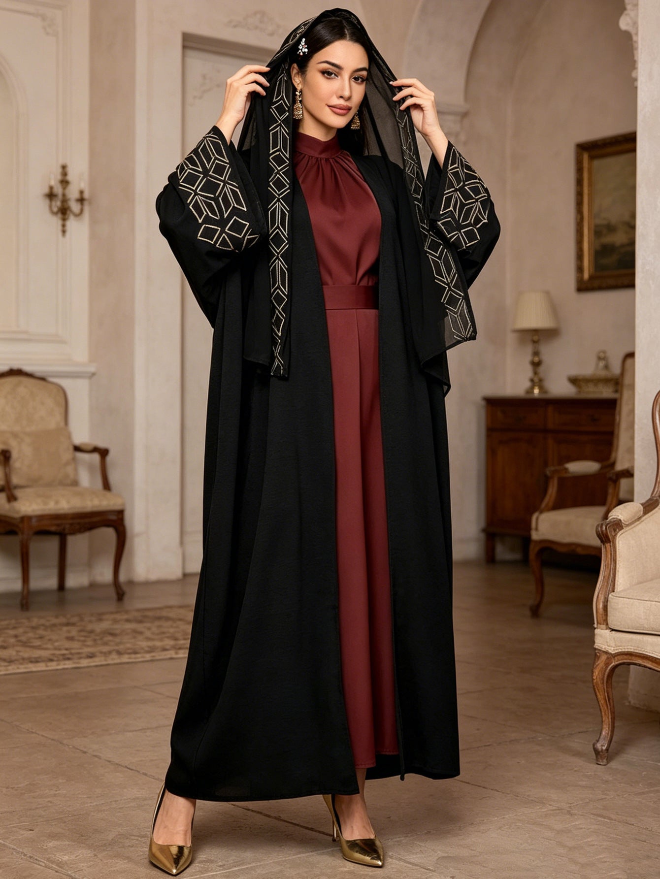 Black Embroidered Robe Dress with Headscarf