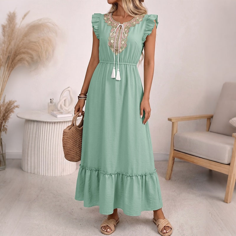Tassel Tie-Waist Flutter-Sleeve A-Line Maxi Dress for Women