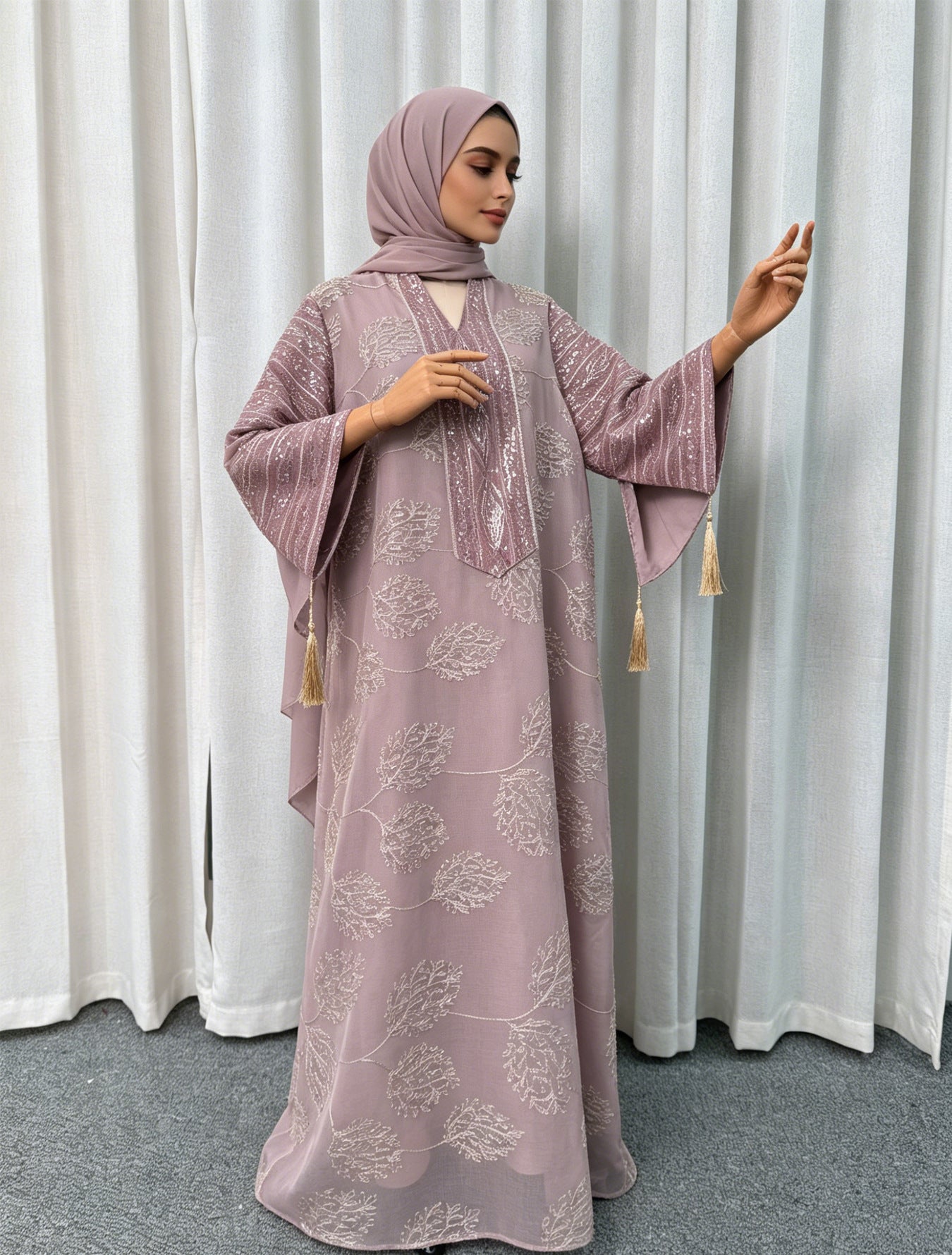 Long-Sleeve Embroidered Floral Maxi Dress