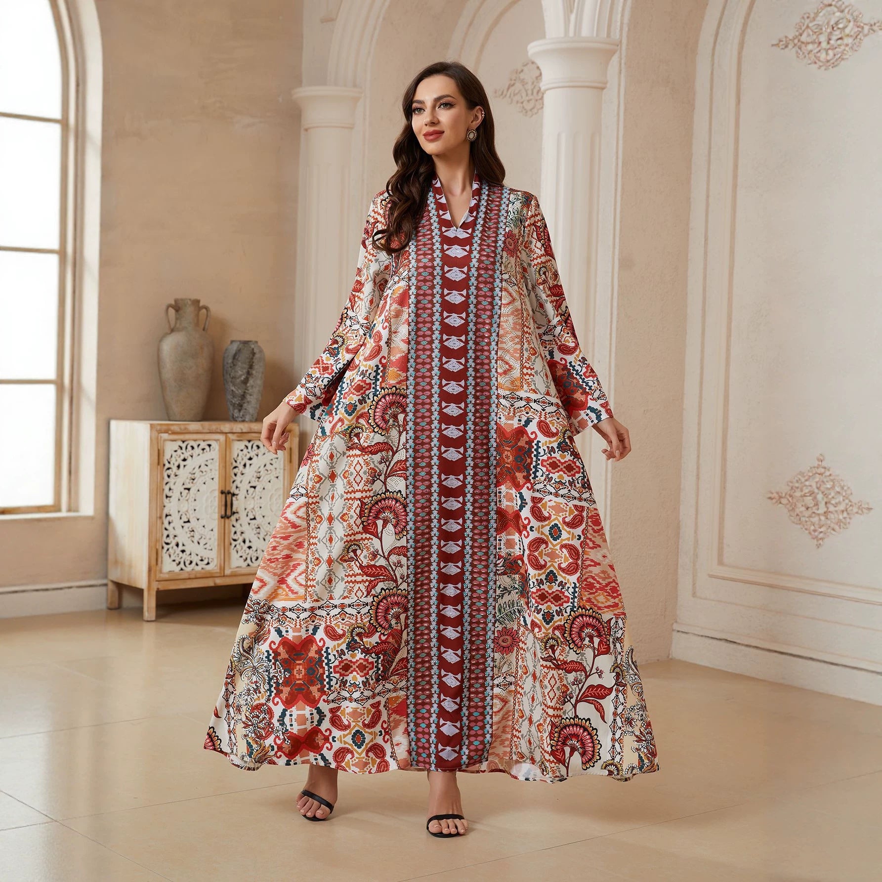 Ethnic Print V-Neck Maxi Dress
