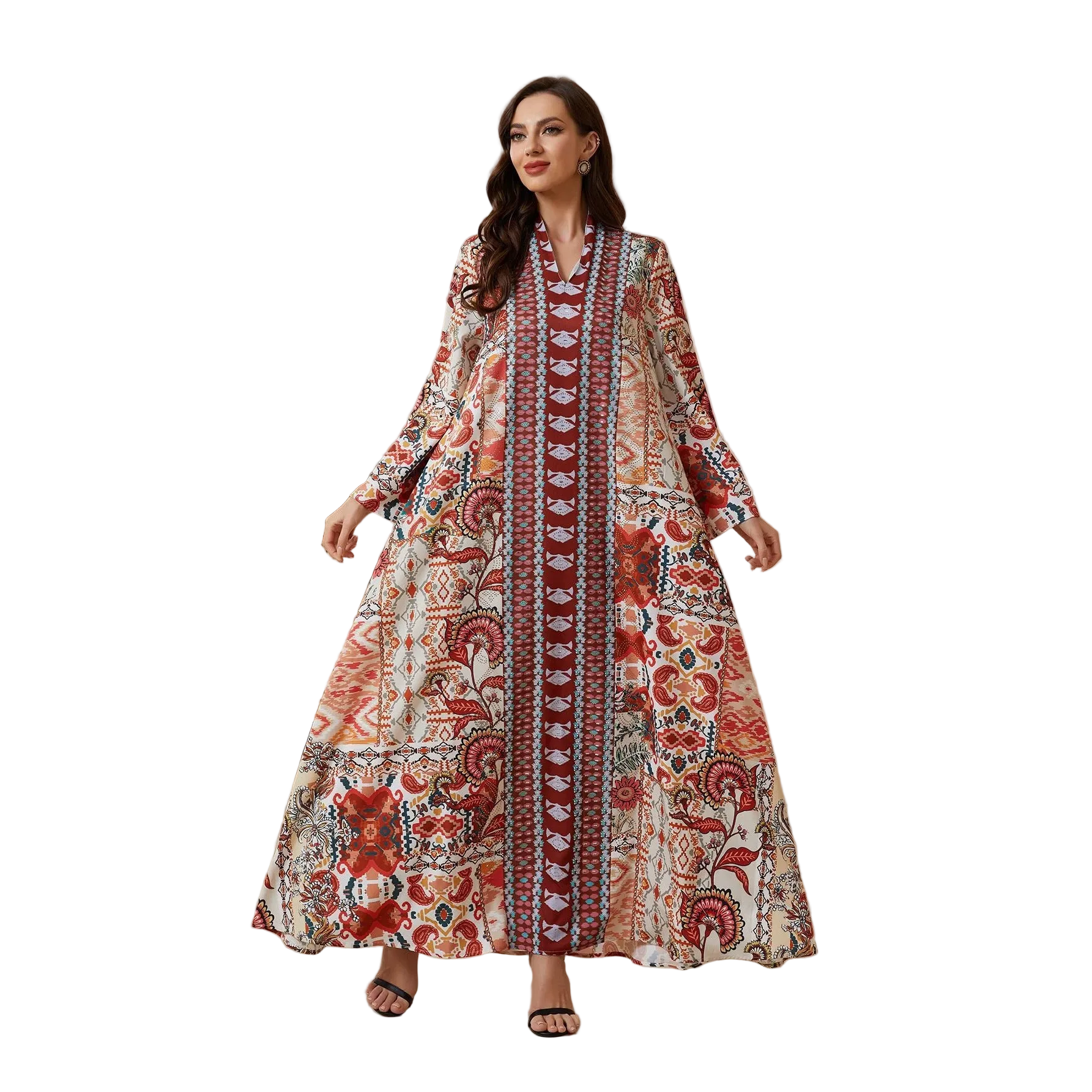 Print V-Neck Maxi Dress for women with V neck and long sleeves