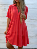 Solid V-Neck Short-Sleeve A-Line Midi Dress