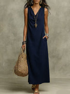 Solid Halter V-Neck A-Line Maxi Dress
