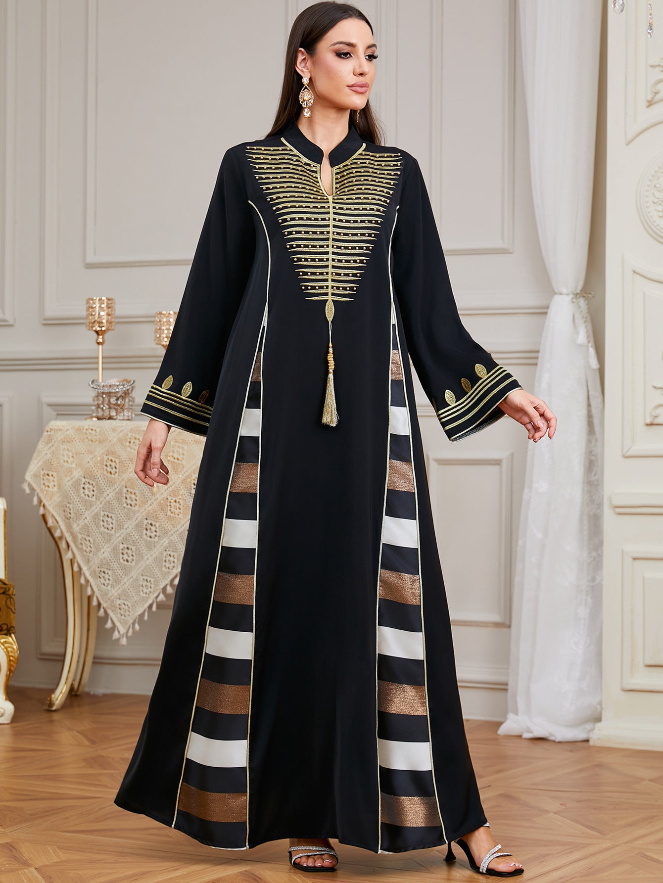 Black Embroidered Robe Maxi Dress